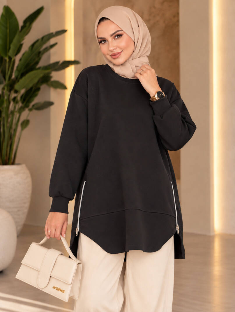 Prime Yandan Fermuarlı Oversize Sweat - Siyah - 22070-SIYAH - 2
