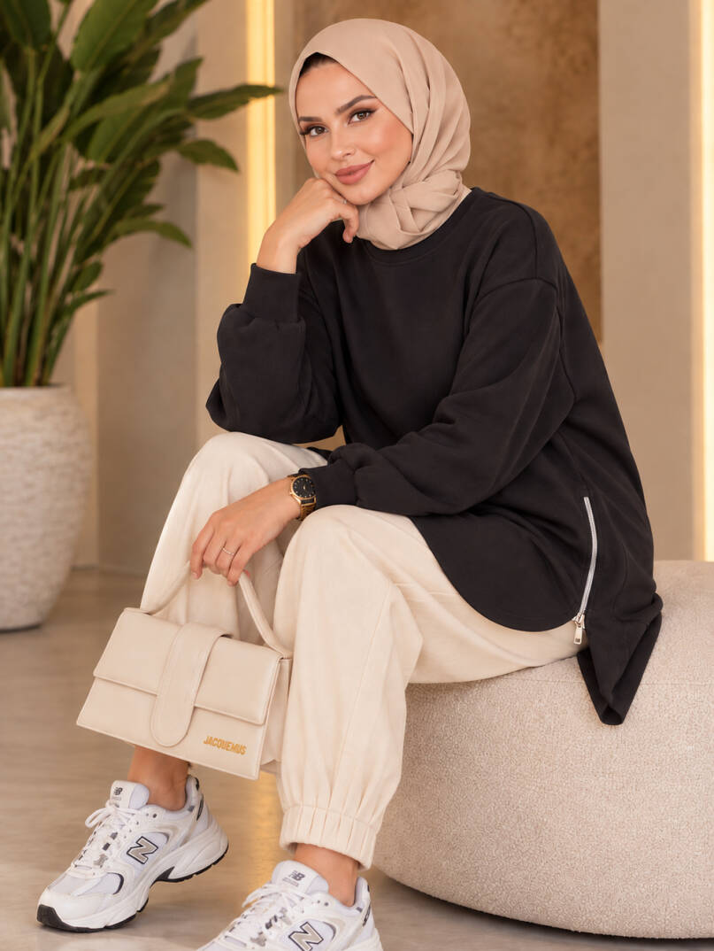 Prime Yandan Fermuarlı Oversize Sweat - Siyah - 22070-SIYAH - 3