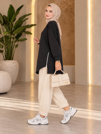 Prime Yandan Fermuarlı Oversize Sweat - Siyah - 22070-SIYAH - 4