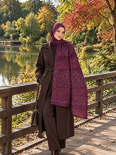 Puantiye Esintisi Bambu Kraş Şal - Bordo - 2