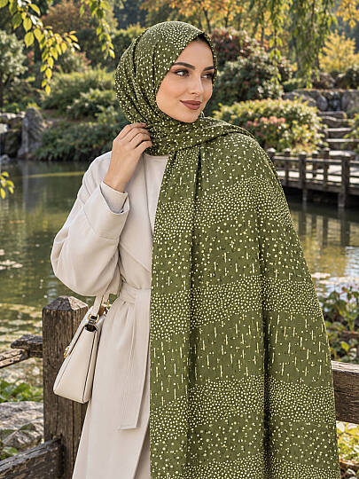 Puantiye Esintisi Bambu Kraş Şal - Haki - 1