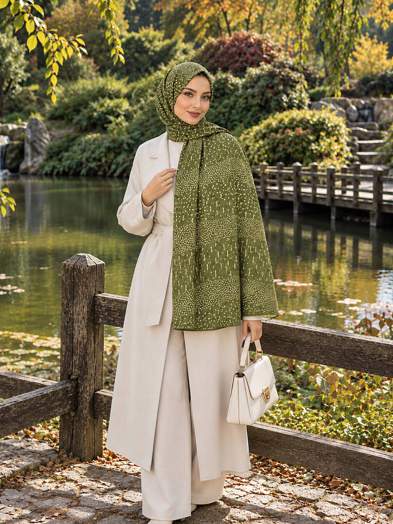 Puantiye Esintisi Bambu Kraş Şal - Haki - 2