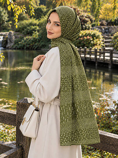 Puantiye Esintisi Bambu Kraş Şal - Haki - 3