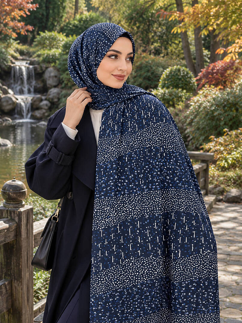 Puantiye Esintisi Bambu Kraş Şal - Lacivert - 1