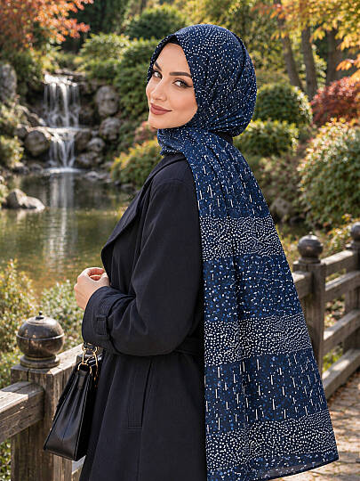 Puantiye Esintisi Bambu Kraş Şal - Lacivert - 3