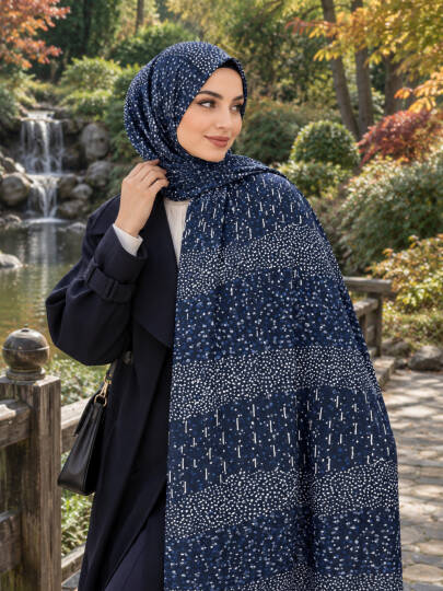 Puantiye Esintisi Bambu Kraş Şal - Lacivert - 22043-LACIVERT 