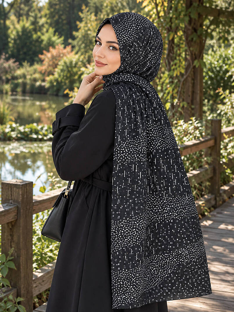 Puantiye Esintisi Bambu Kraş Şal - Siyah - 1