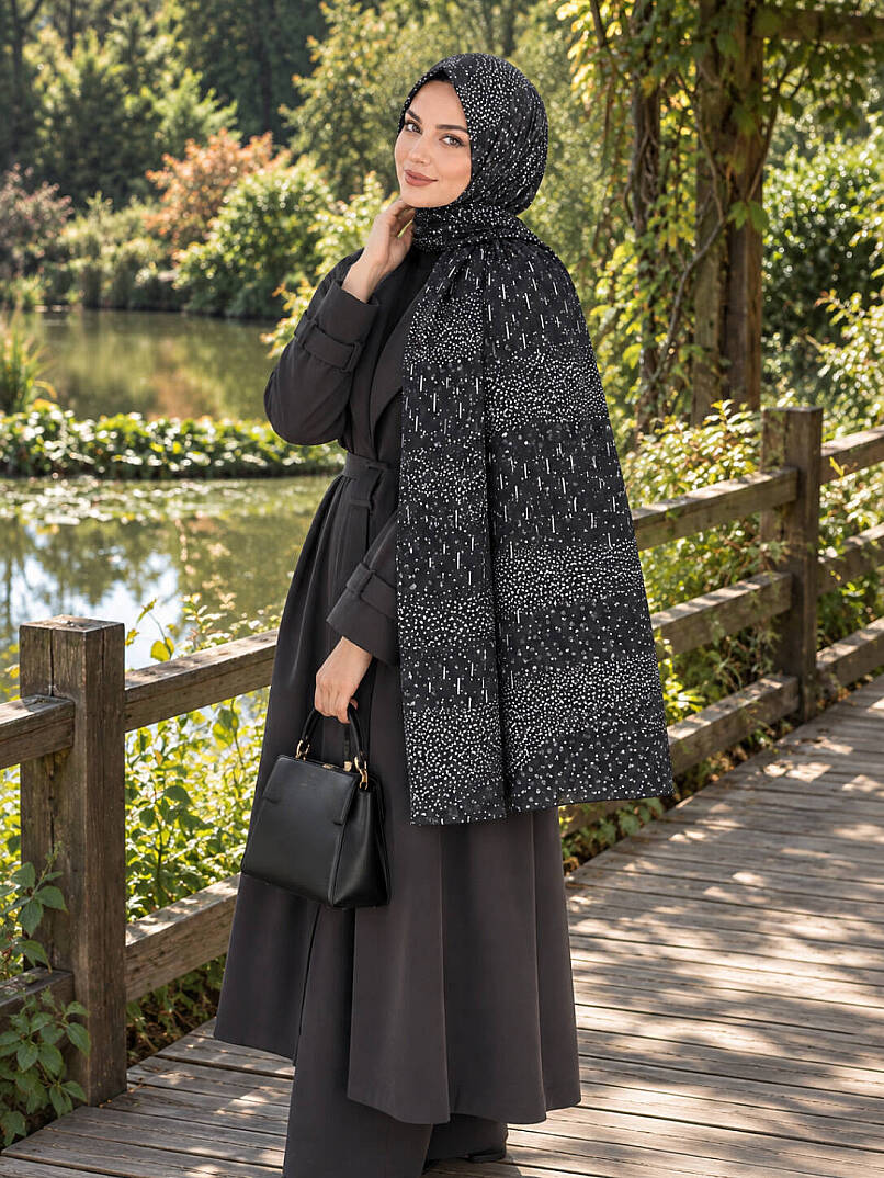 Puantiye Esintisi Bambu Kraş Şal - Siyah - 2