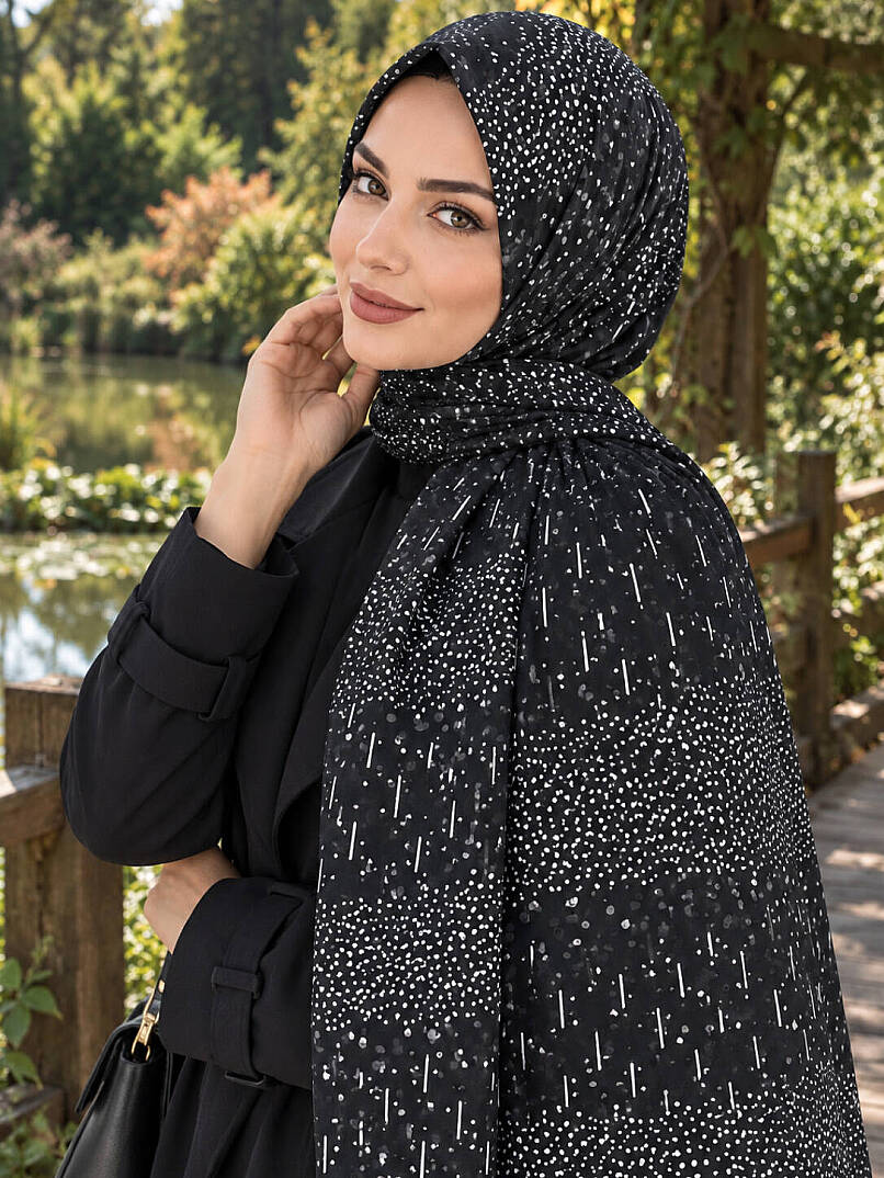 Puantiye Esintisi Bambu Kraş Şal - Siyah - 3