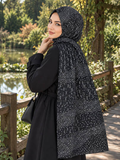Puantiye Esintisi Bambu Kraş Şal - Siyah - 22043-SIYAH 