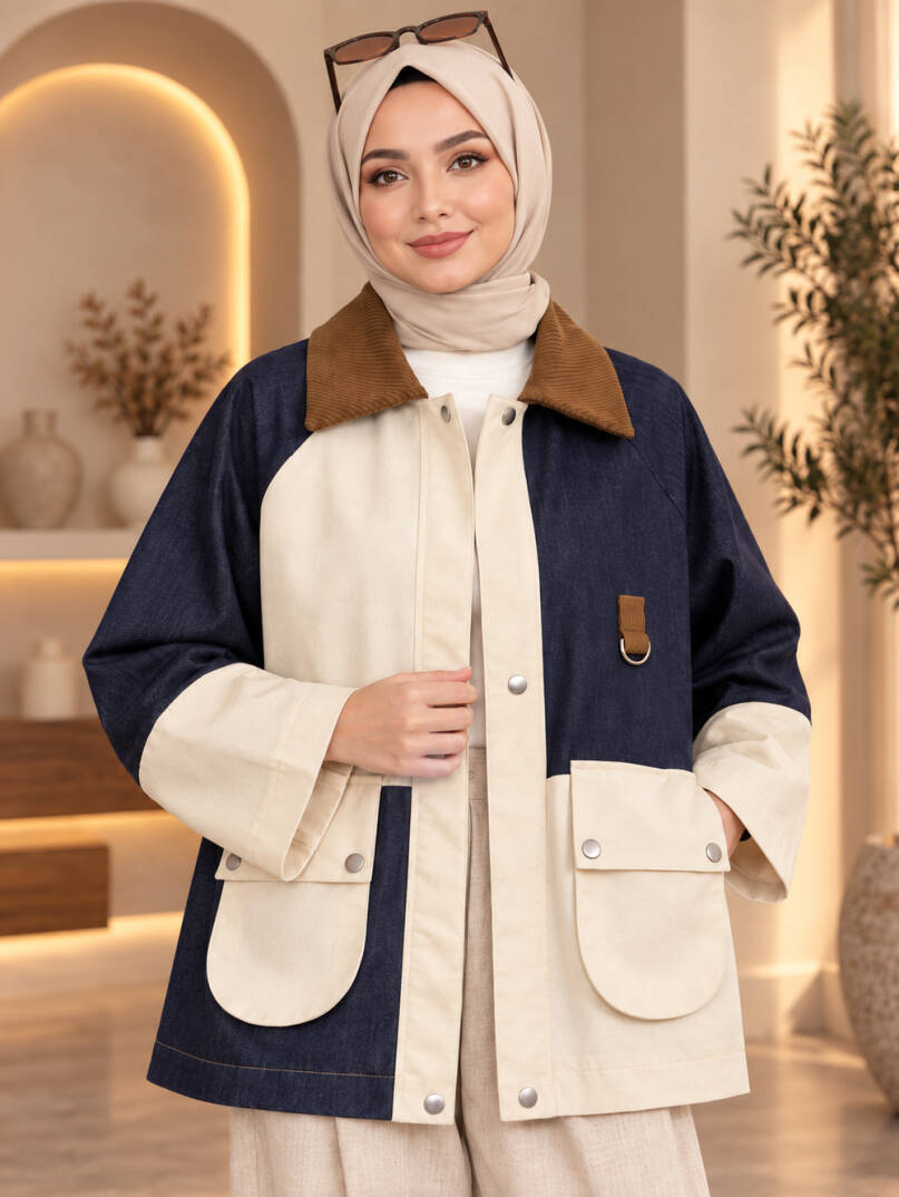 Renk Bloklu Kadife Yaka Kot Ceket - Ekru - 22054-EKRU - 2