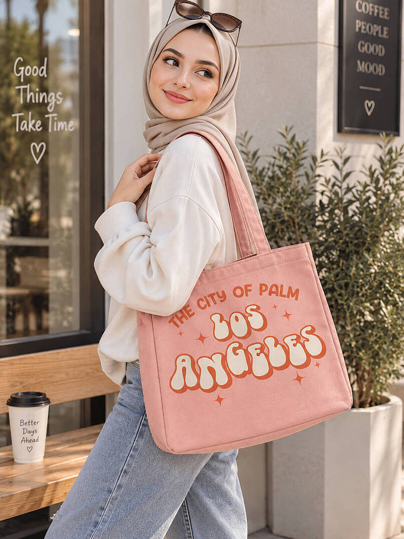Retro Baskılı Kamvas Omuz Çantası - Pembe - 1