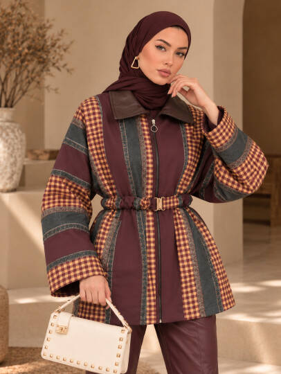 Retro Kemerli Trenç Ceket - Bordo - 22097-BORDO
