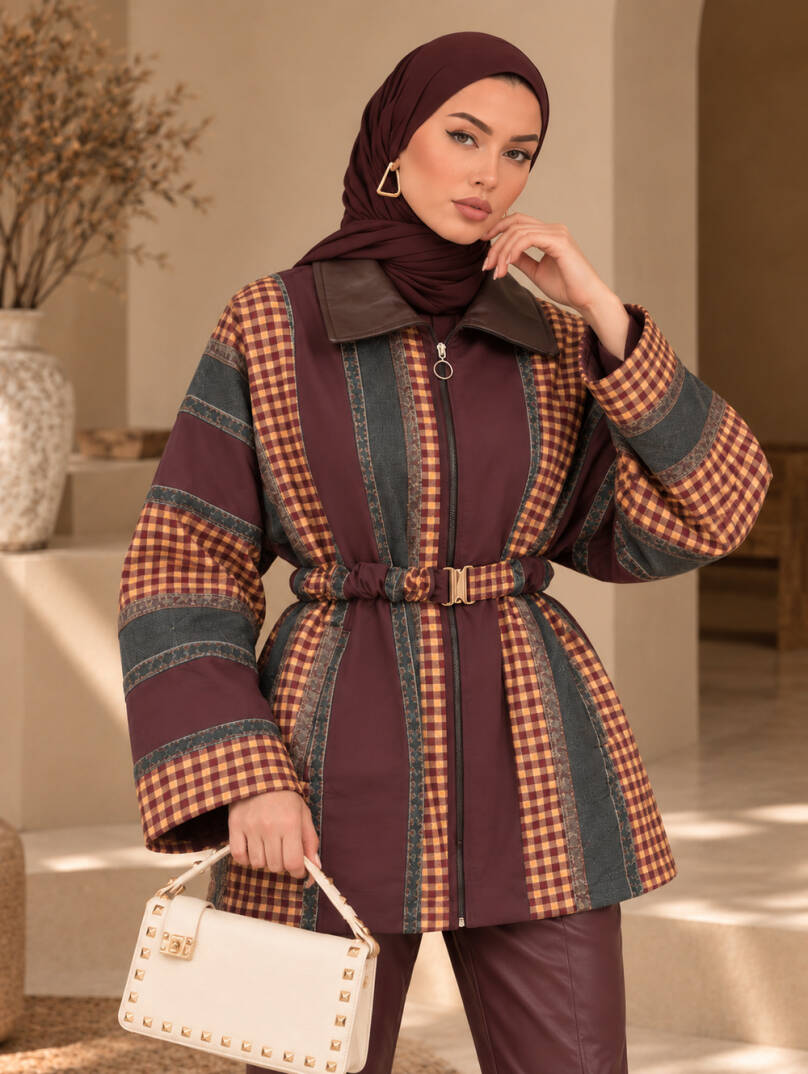 Retro Kemerli Trenç Ceket - Bordo - 22097-BORDO - 1