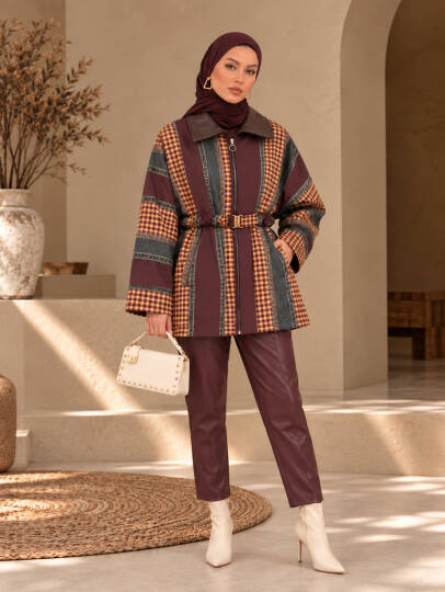 Retro Kemerli Trenç Ceket - Bordo - 22097-BORDO - 2