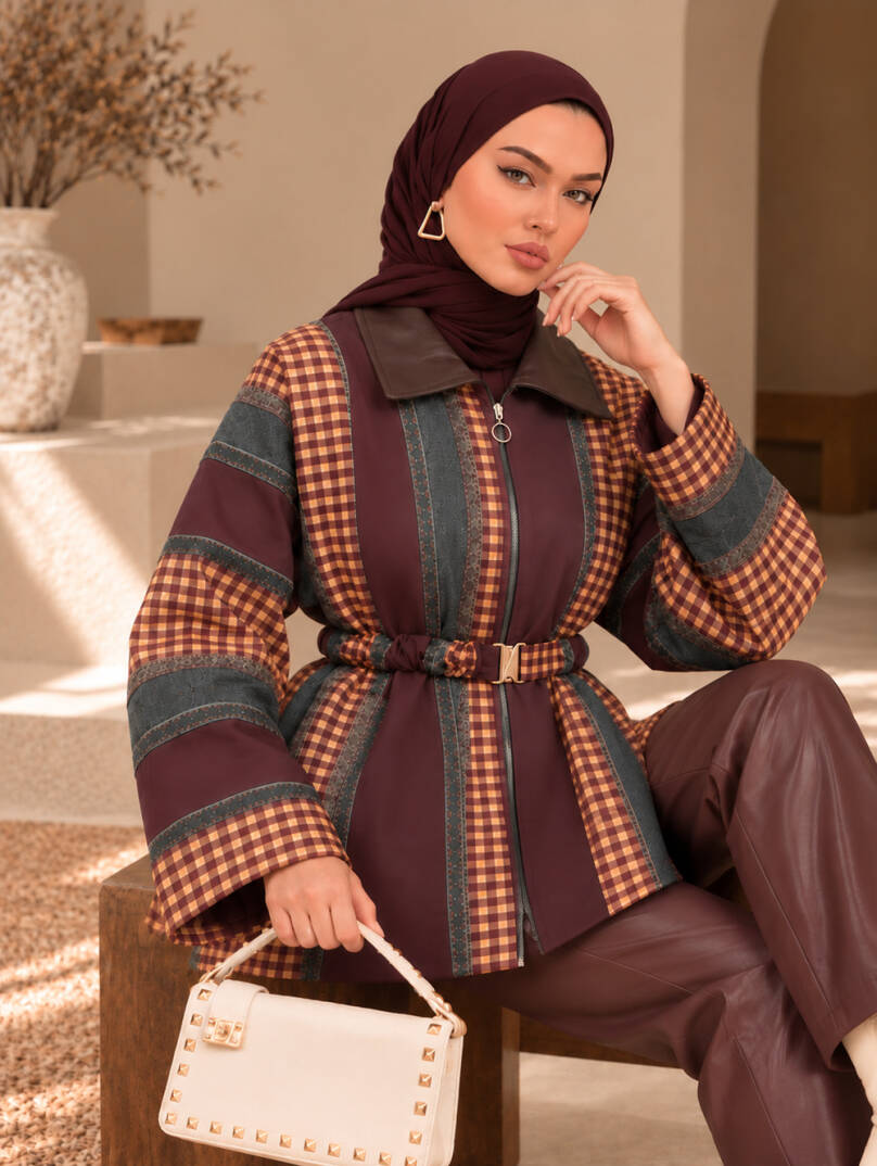 Retro Kemerli Trenç Ceket - Bordo - 22097-BORDO - 3