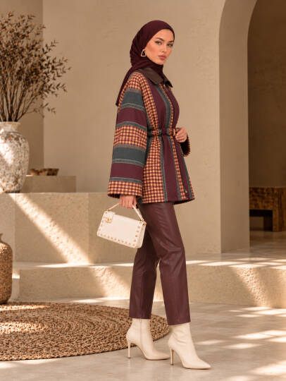 Retro Kemerli Trenç Ceket - Bordo - 22097-BORDO - 4