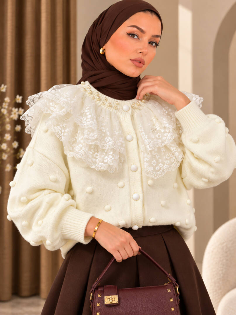 Rosalie İncili Dantel Yaka Triko Hırka - Ekru - 22073-EKRU - 1