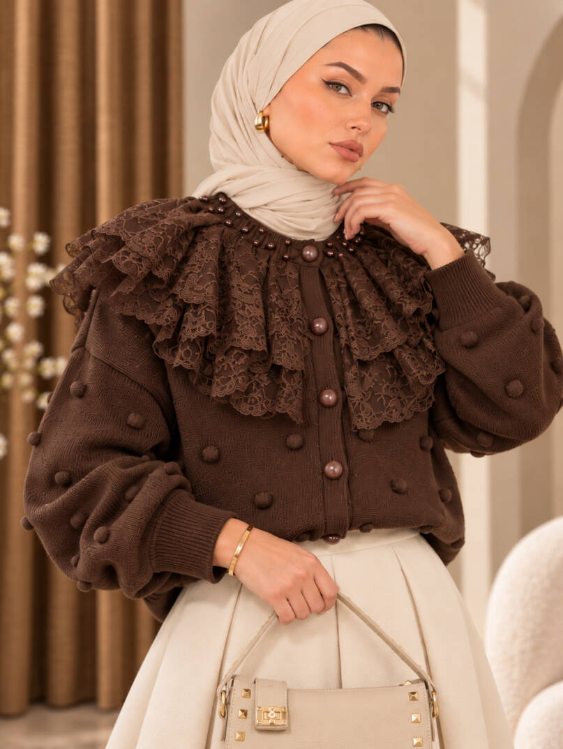 Rosalie İncili Dantel Yaka Triko Hırka - Kahve - 22073-KAHVE - 1