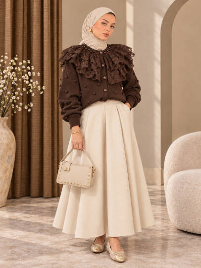 Rosalie İncili Dantel Yaka Triko Hırka - Kahve - 22073-KAHVE - 2