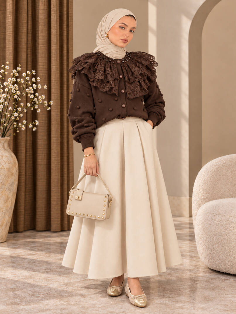 Rosalie İncili Dantel Yaka Triko Hırka - Kahve - 22073-KAHVE - 2