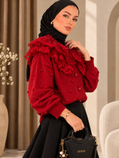 Rosalie İncili Dantel Yaka Triko Hırka - Kırmızı - 22073-KIRMIZI - 3