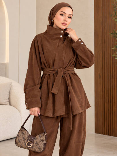 Rossa Dik Yakalı Nubuk Takım - Kahve - 22091-KAHVE - 2