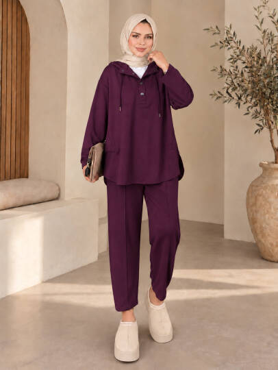 Softline Çıtçıt Detaylı Kapüşonlu Takım - Bordo - 22098-BORDO