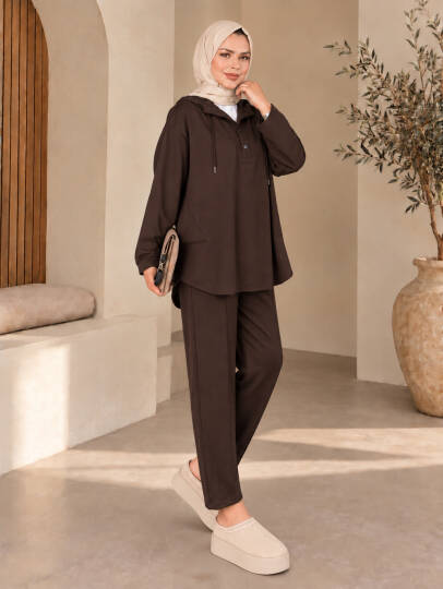 Softline Çıtçıt Detaylı Kapüşonlu Takım - Kahve - 22098-KAHVE