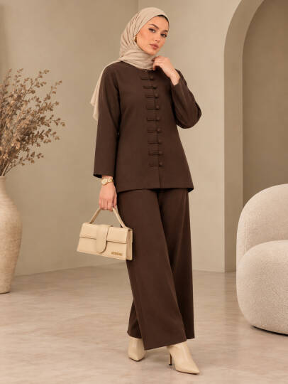 Sorelle Çin Düğmesi Detaylı Triko Takım - Kahve - 22079-KAHVE