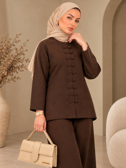 Sorelle Çin Düğmesi Detaylı Triko Takım - Kahve - 22079-KAHVE - 2