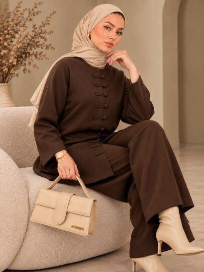 Sorelle Çin Düğmesi Detaylı Triko Takım - Kahve - 22079-KAHVE - 3