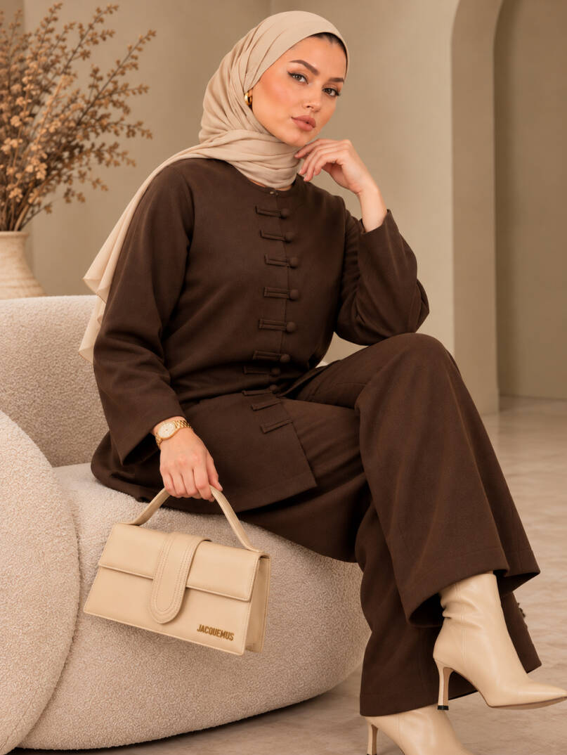 Sorelle Çin Düğmesi Detaylı Triko Takım - Kahve - 22079-KAHVE - 3