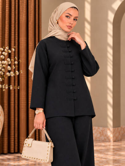 Sorelle Çin Düğmesi Detaylı Triko Takım - Siyah - 22079-SIYAH - 2