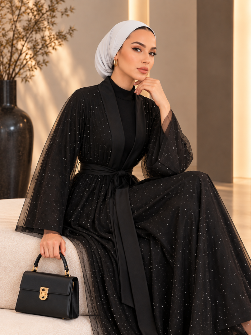 Stella Işıltı Abaya - Siyah - 22062-SIYAH - 2