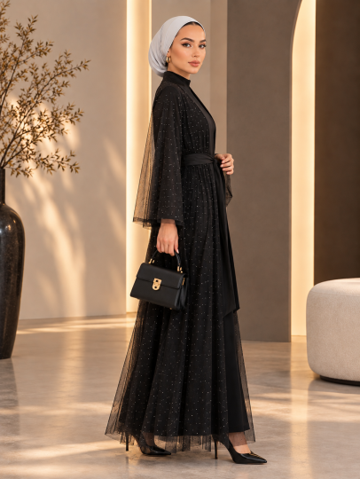 Stella Işıltı Abaya - Siyah - 22062-SIYAH - 4