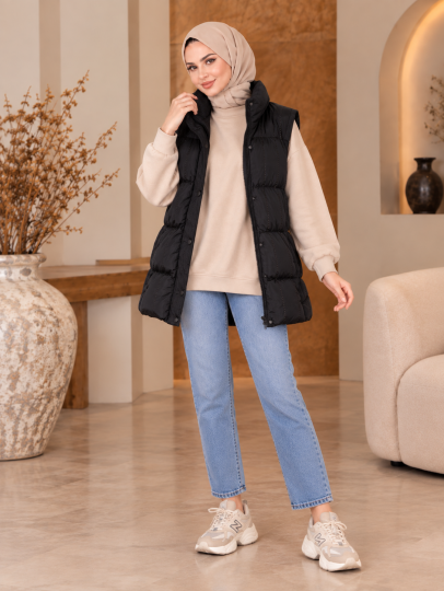 Taş Işıltı Detaylı Şişme Yelek - Siyah - 22058-SIYAH - 3