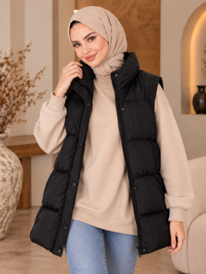 Taş Işıltı Detaylı Şişme Yelek - Siyah - 22058-SIYAH - 4