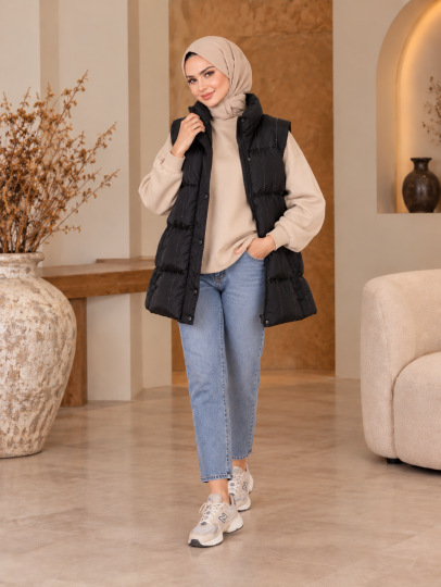 Taş Işıltı Detaylı Şişme Yelek - Siyah - 22058-SIYAH - 5