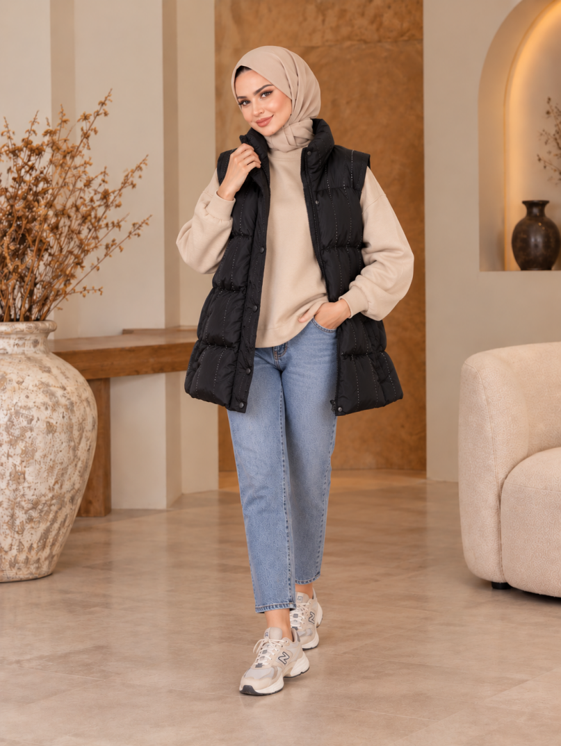 Taş Işıltı Detaylı Şişme Yelek - Siyah - 22058-SIYAH - 5
