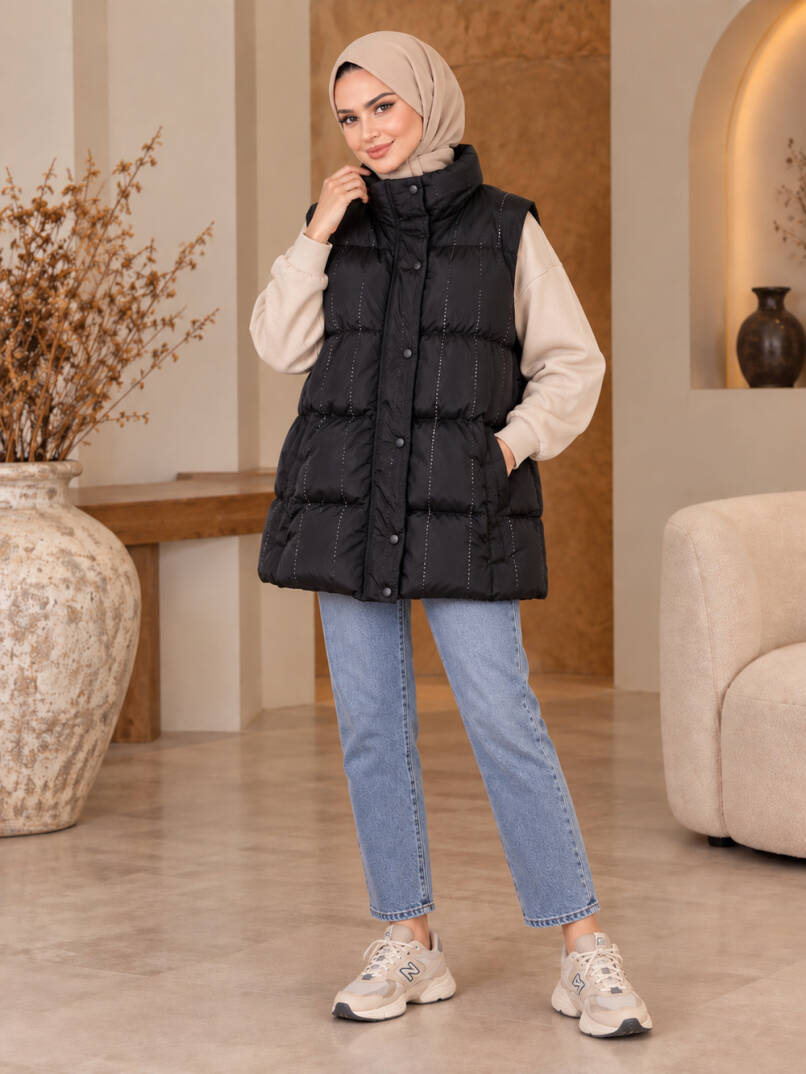 Taş Işıltı Detaylı Şişme Yelek - Siyah - 22058-SIYAH - 1