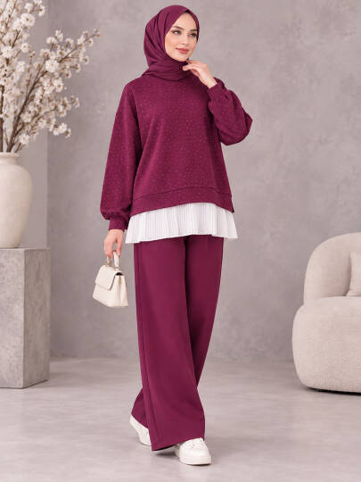 Taşlı Pileli Bol Paça İkili Takım - Bordo - 22052-BORDO-S