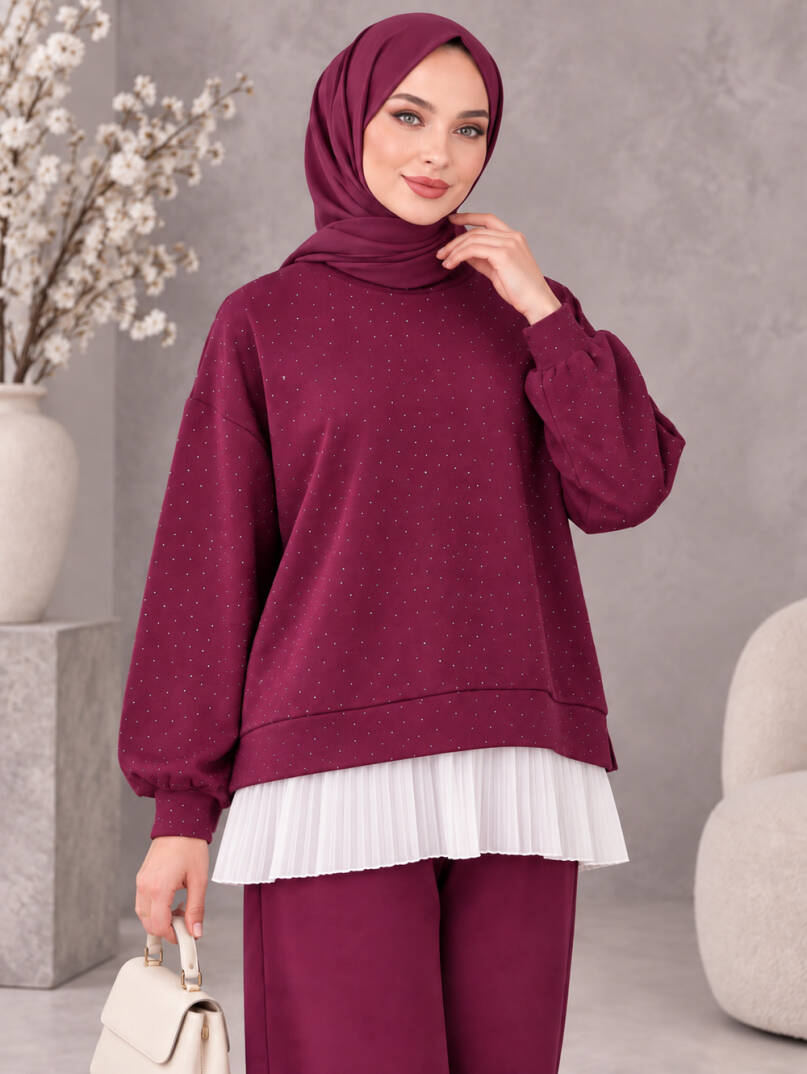 Taşlı Pileli Bol Paça İkili Takım - Bordo - 22052-BORDO-S - 2
