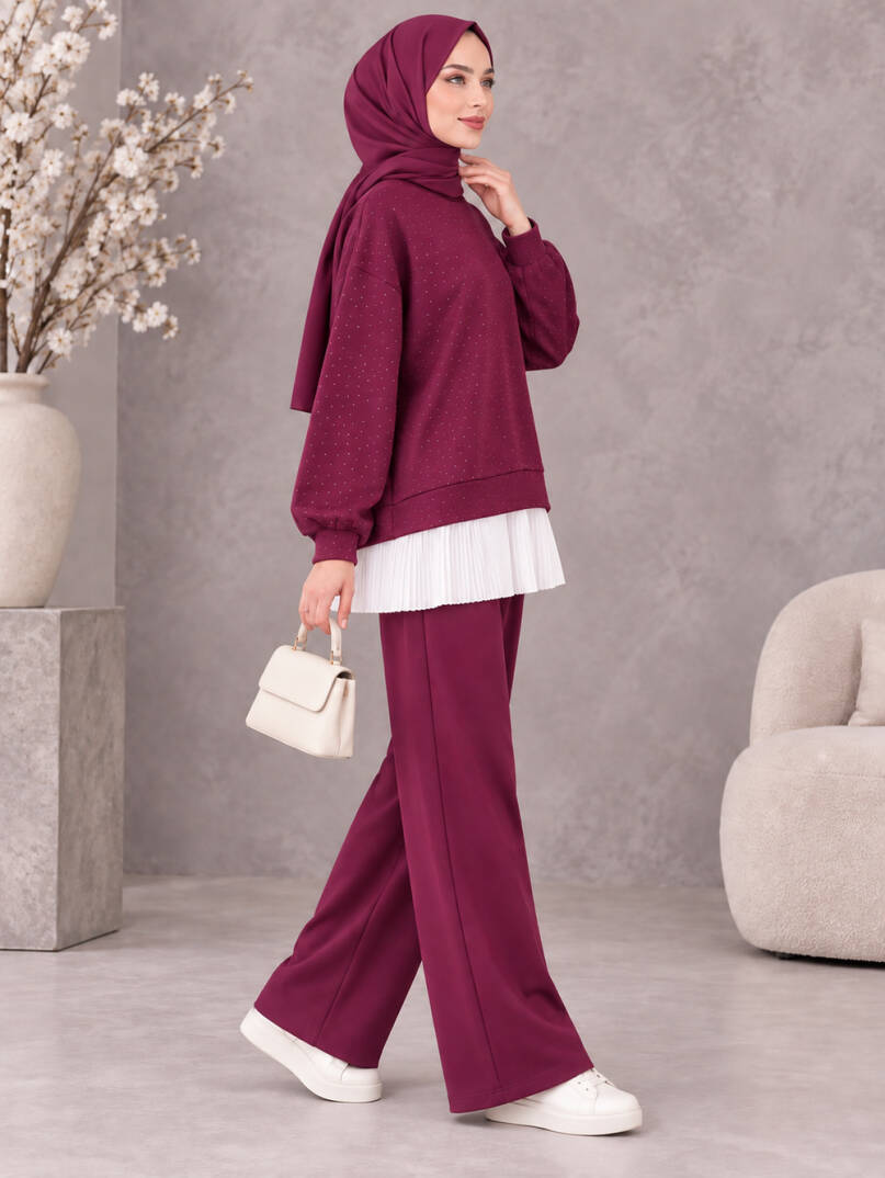 Taşlı Pileli Bol Paça İkili Takım - Bordo - 22052-BORDO-S - 3