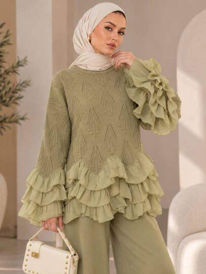 Valentina Fırfır Detaylı Triko Takım - Küf yeşili - 22080-KUF-YESILI - 2