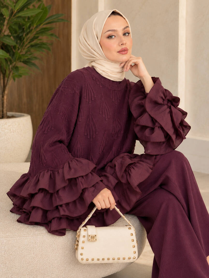 Valentina Fırfır Detaylı Triko Takım - Mürdüm - 22080-MURDUM - 3