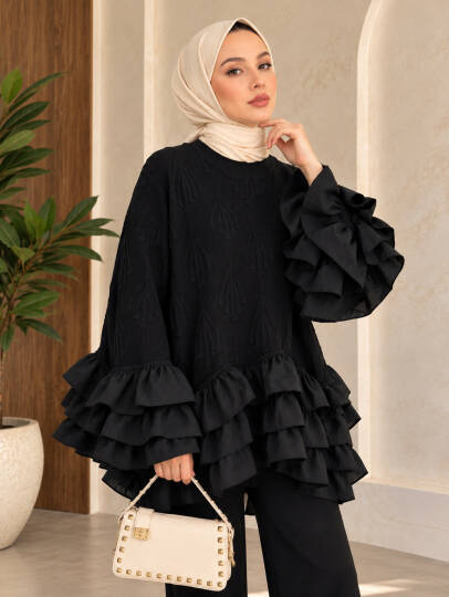 Valentina Fırfır Detaylı Triko Takım - Siyah - 22080-SIYAH - 2