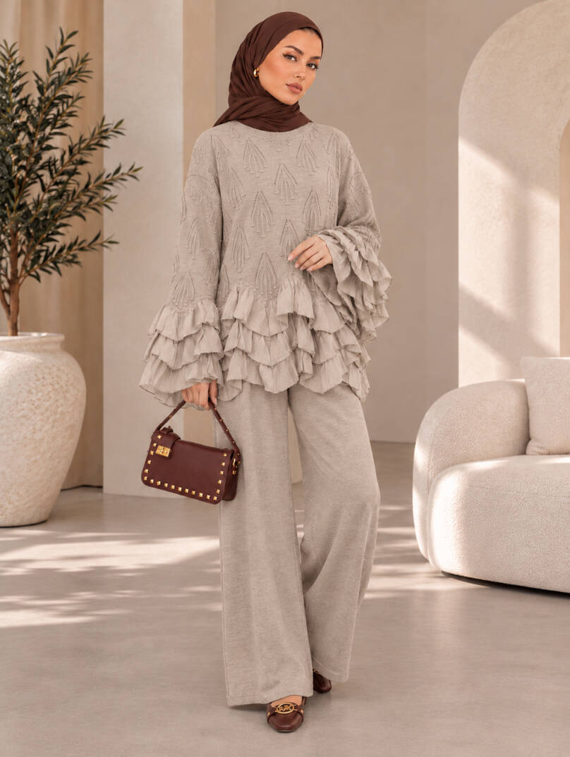 Valentina Fırfır Detaylı Triko Takım - Vizon - 22080-VIZON - 1