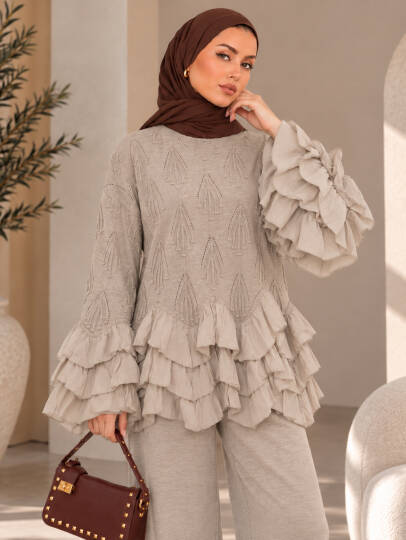 Valentina Fırfır Detaylı Triko Takım - Vizon - 22080-VIZON - 2