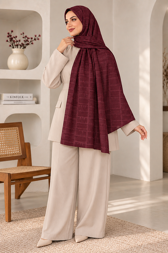 Zigzag Desen Premium Ayrobin Jakar Şal - Bordo - 2